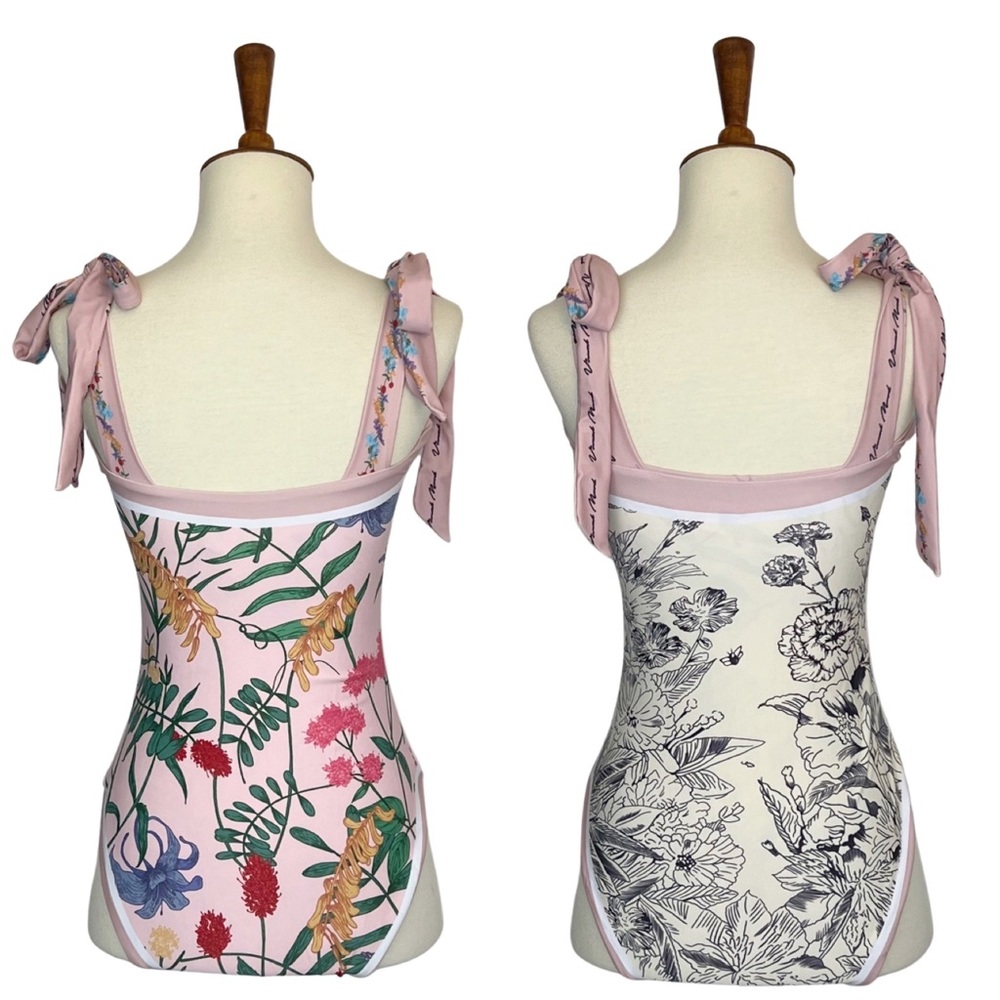 Retro Pink and White Floral Reversible Swimsuit with Shoulder Ties - Picture 10 of 16
